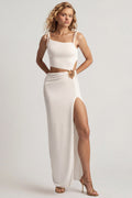 Textured Jersey Asymmetric Maxi Dress in White – view 1
