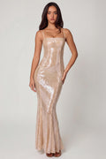 Embellished Square Neck Lace Gown in Pale Peach – view 1