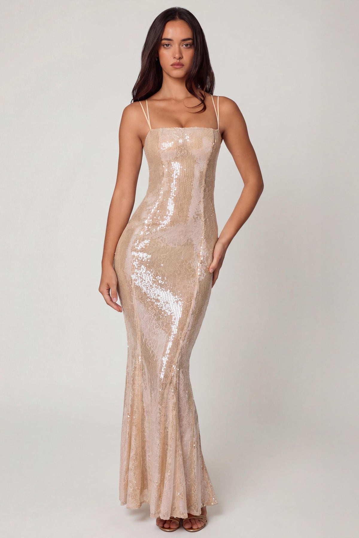 Embellished Square Neck Lace Gown in Pale Peach – view 1