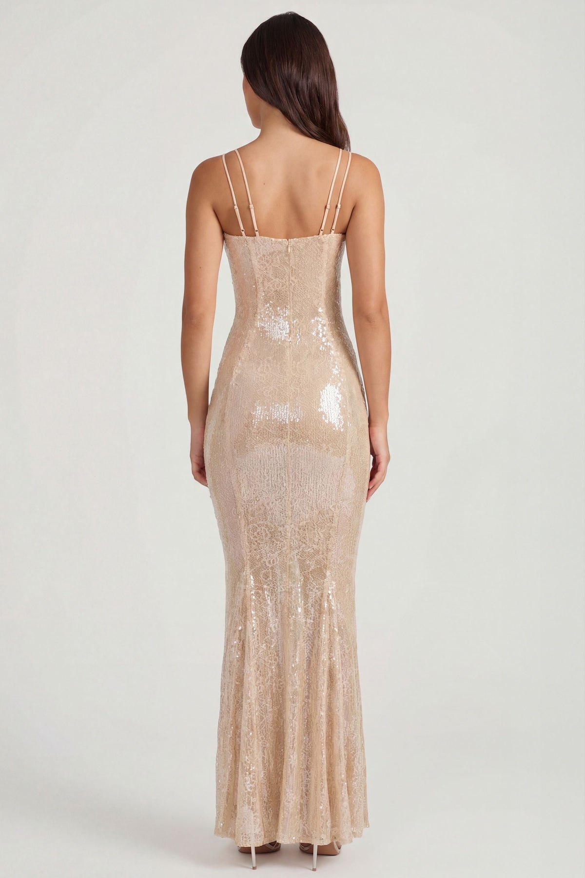Embellished Square Neck Lace Gown in Pale Peach – view 2