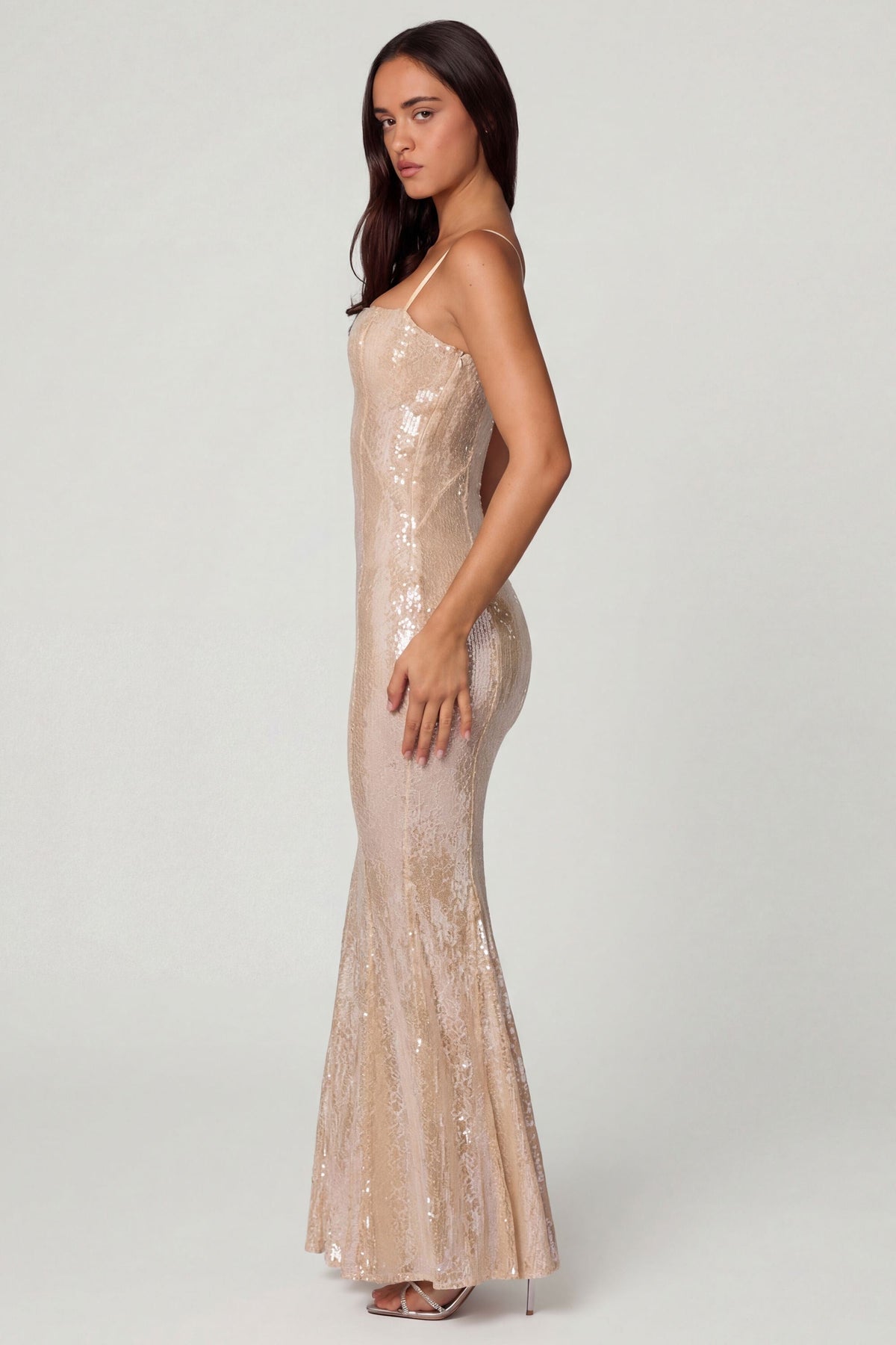 Embellished Square Neck Lace Gown in Pale Peach – view 3