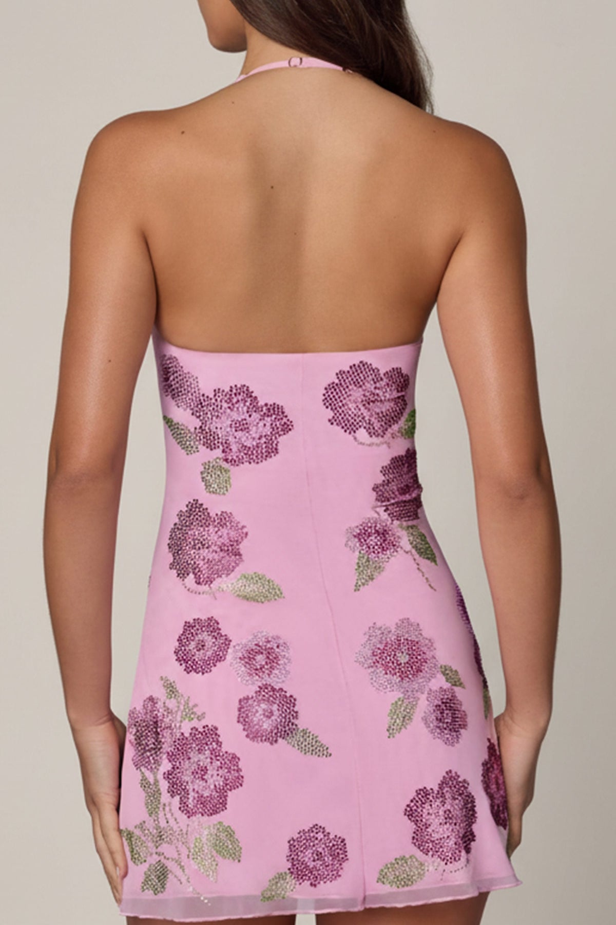 Embellished Halterneck Mini Dress in Soft Pink – view 2