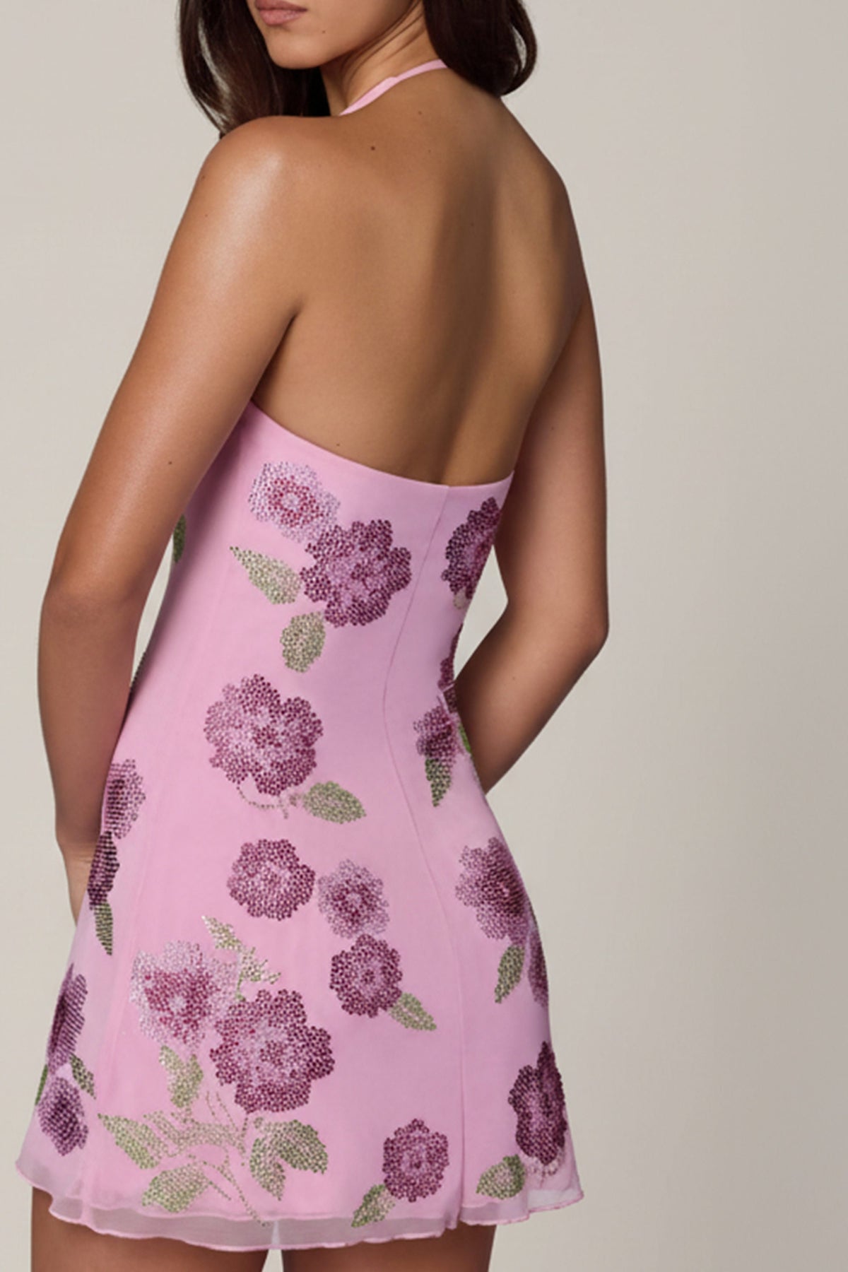 Embellished Halterneck Mini Dress in Soft Pink – view 7
