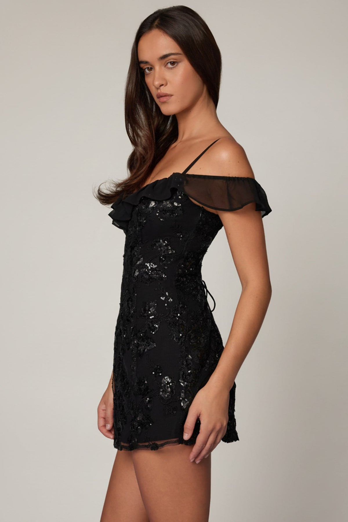 Embellished Lace-Up A-Line Mini Dress in Black – view 3