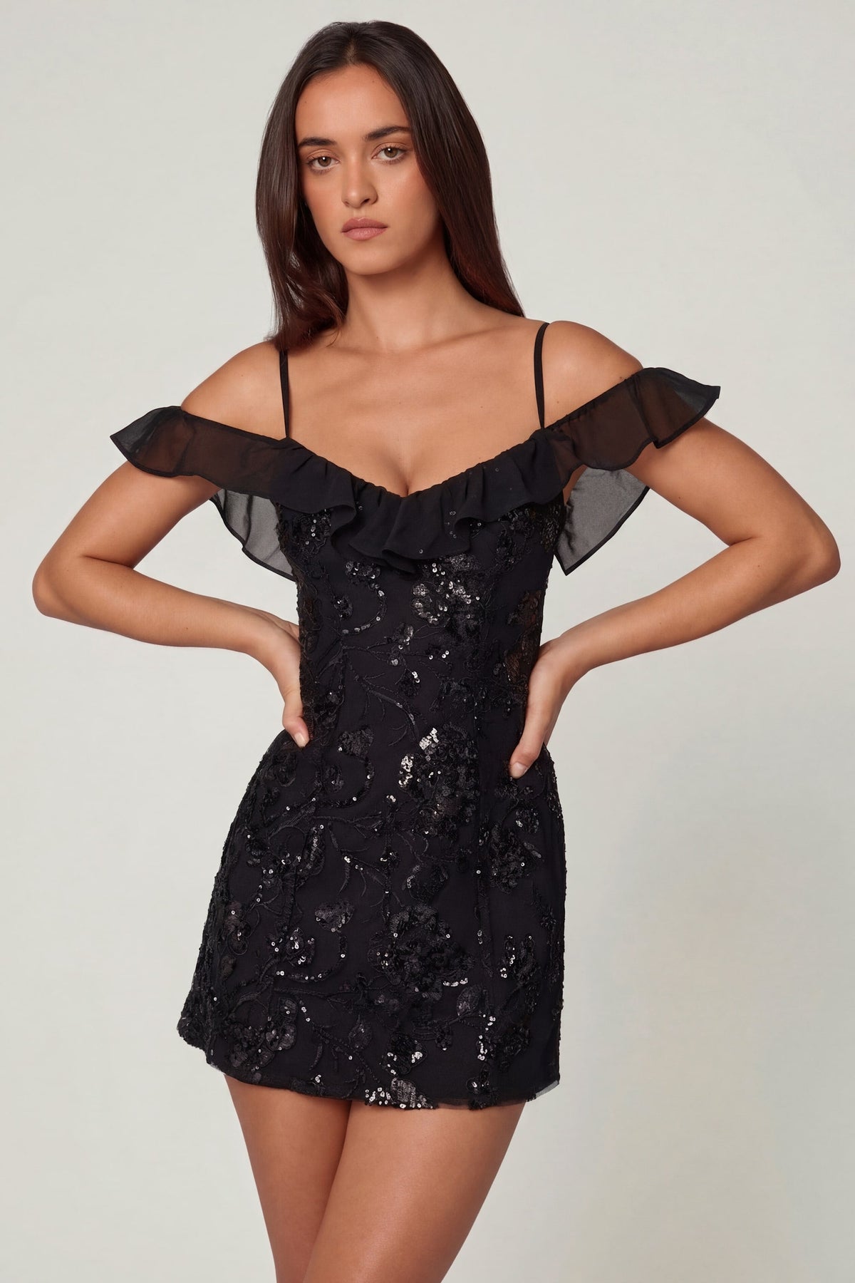 Embellished Lace-Up A-Line Mini Dress in Black – view 5