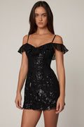 Embellished Lace-Up A-Line Mini Dress in Black – view 1