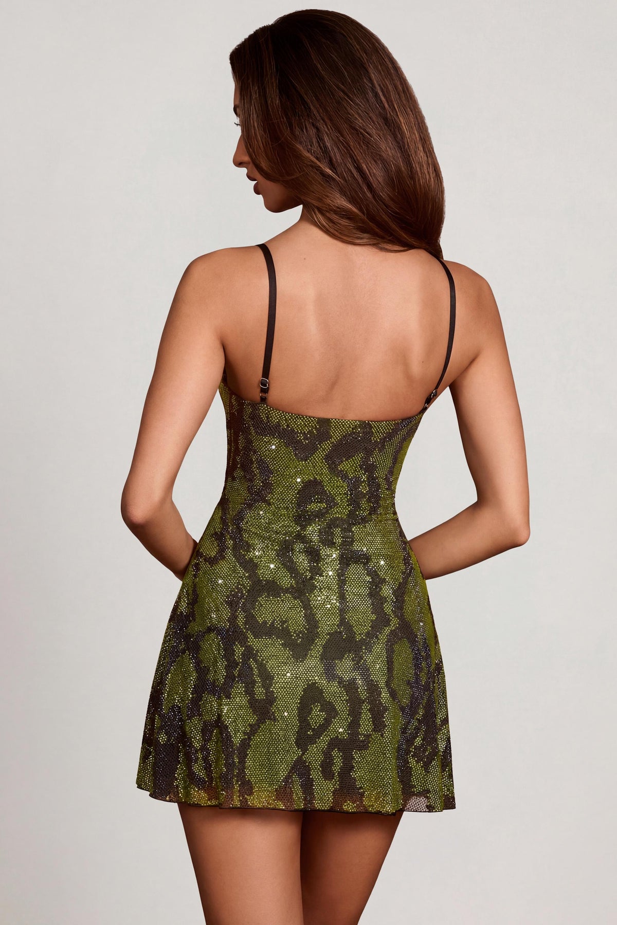 Embellished Cowl Neck A-line Mini Dress in Green Snake – view 2