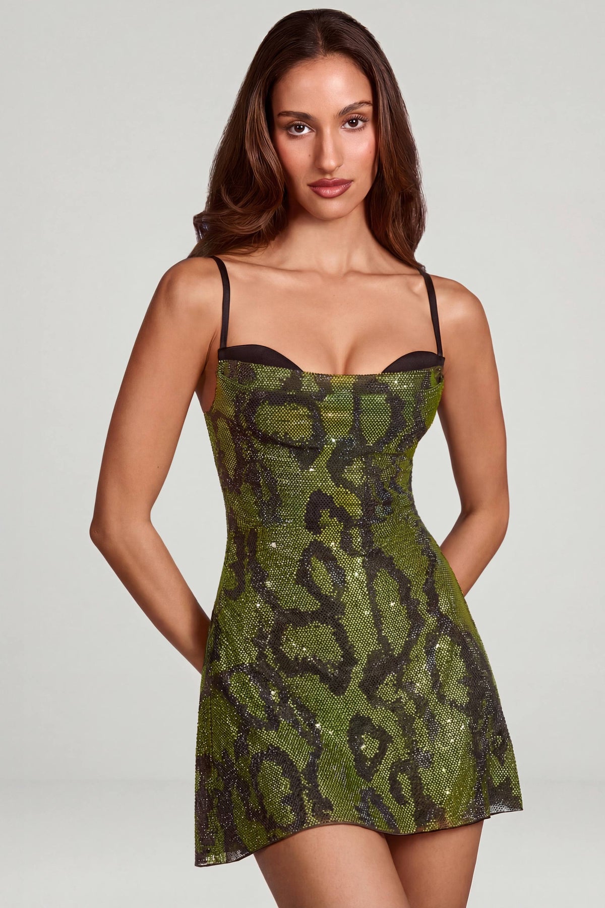 Embellished Cowl Neck A-line Mini Dress in Green Snake – view 8
