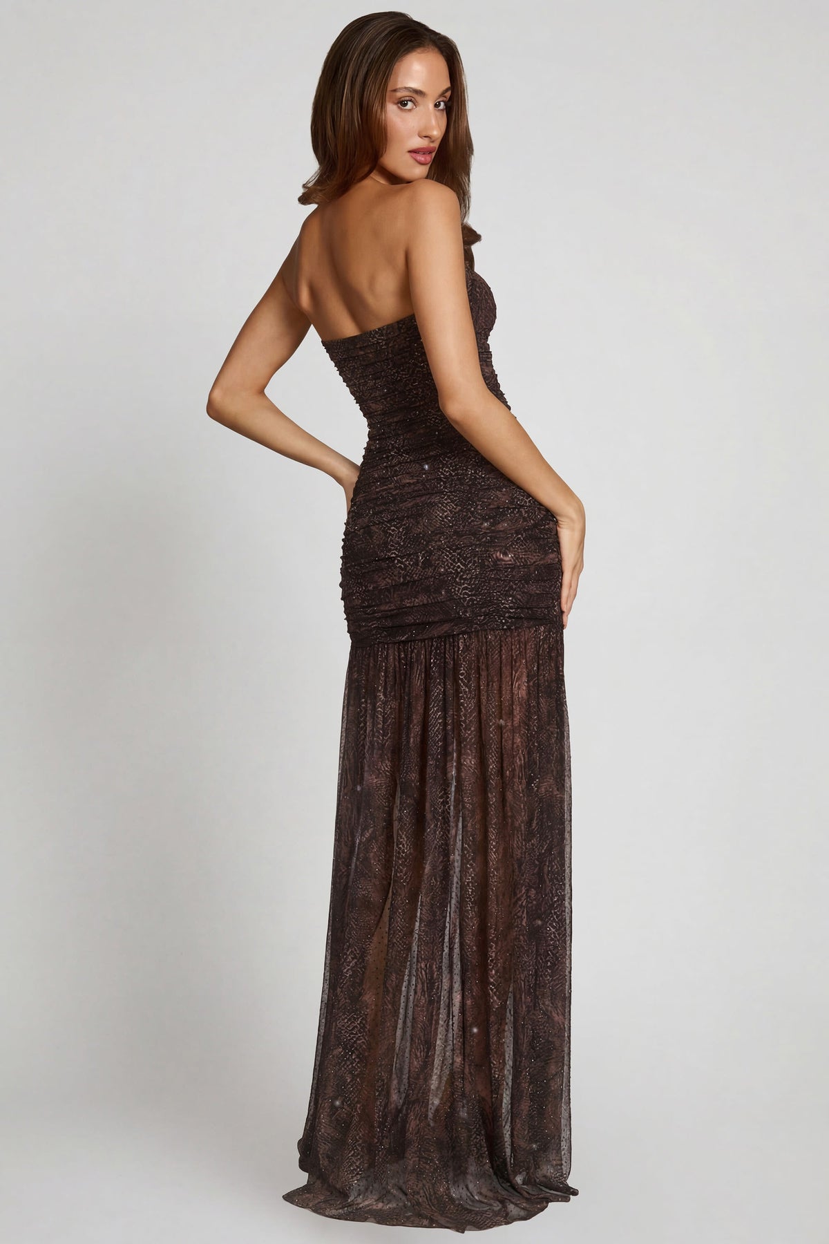 Embellished Bandeau Gathered Maxi Dress in Snake Hotfix – view 5