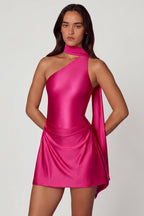 Asymmetric Scarf-Detail Mini Dress in Hot Pink