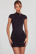 Jersey Turtleneck Ruched Backless Mini Dress in Black – view 1