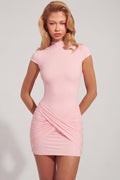Jersey Turtleneck Ruched Backless Mini Dress in Pink – view 1
