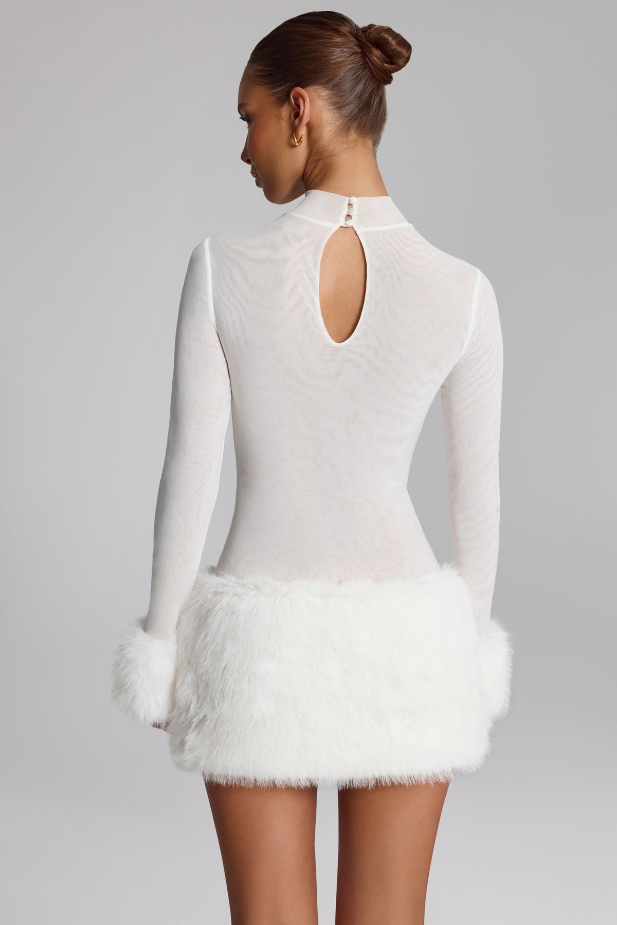 Faux Fur-Trim Turtleneck Mini Dress in White – view 2