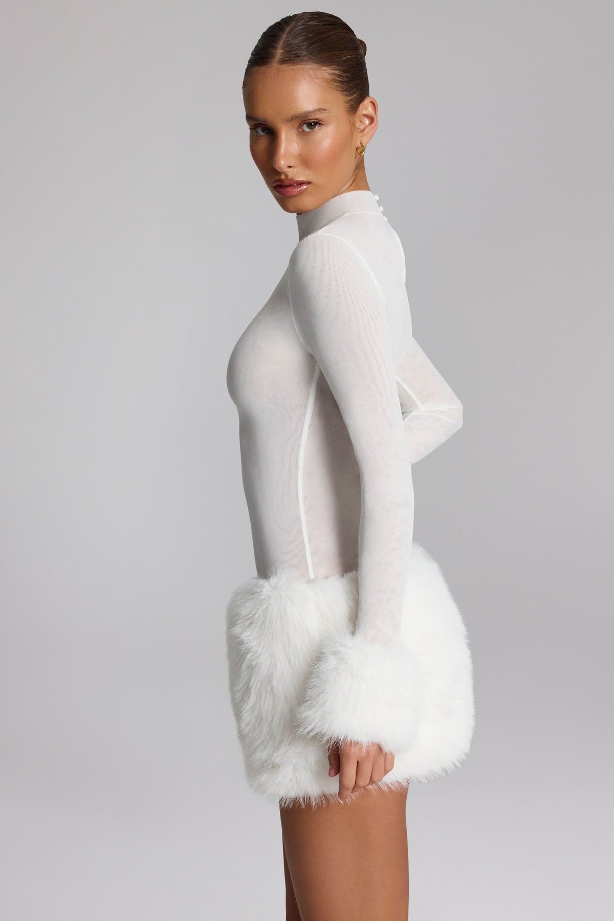 Faux Fur-Trim Turtleneck Mini Dress in White – view 3