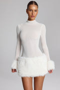 Faux Fur-Trim Turtleneck Mini Dress in White – view 1