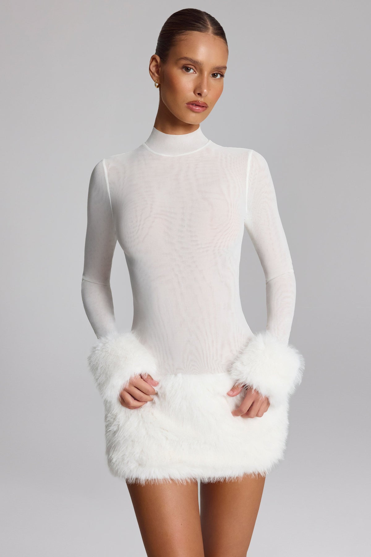 Faux Fur-Trim Turtleneck Mini Dress in White – view 4