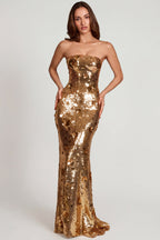 3D Embellished Bandeau Maxi Dress in Gold