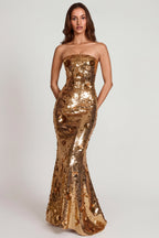 3D Embellished Bandeau Maxi Dress in Gold