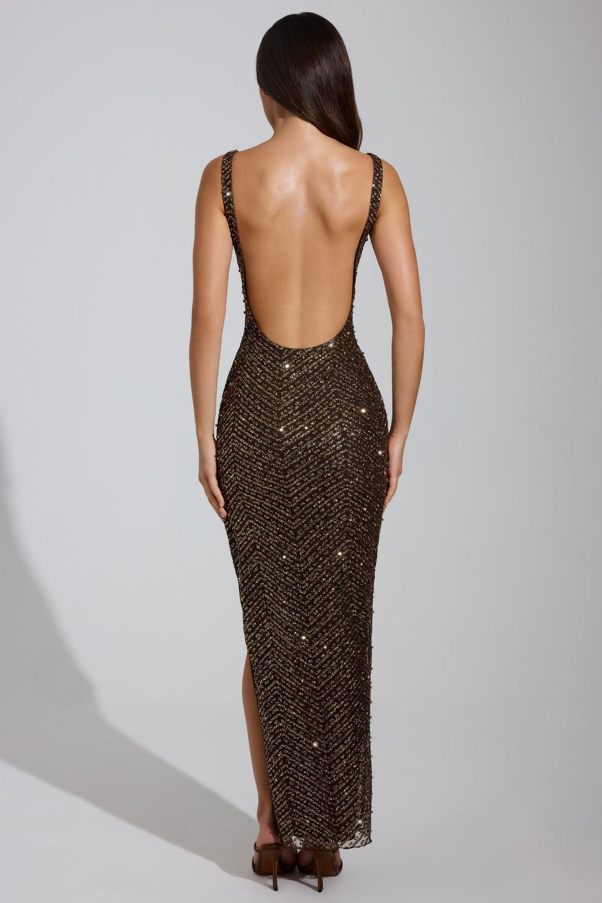 Embellished Scoop-Neck Thigh-Split Maxi Dress in Brown – view 2