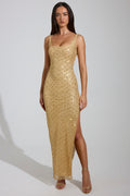 Embellished Scoop-Neck Thigh-Split Maxi Dress in Gold – view 1