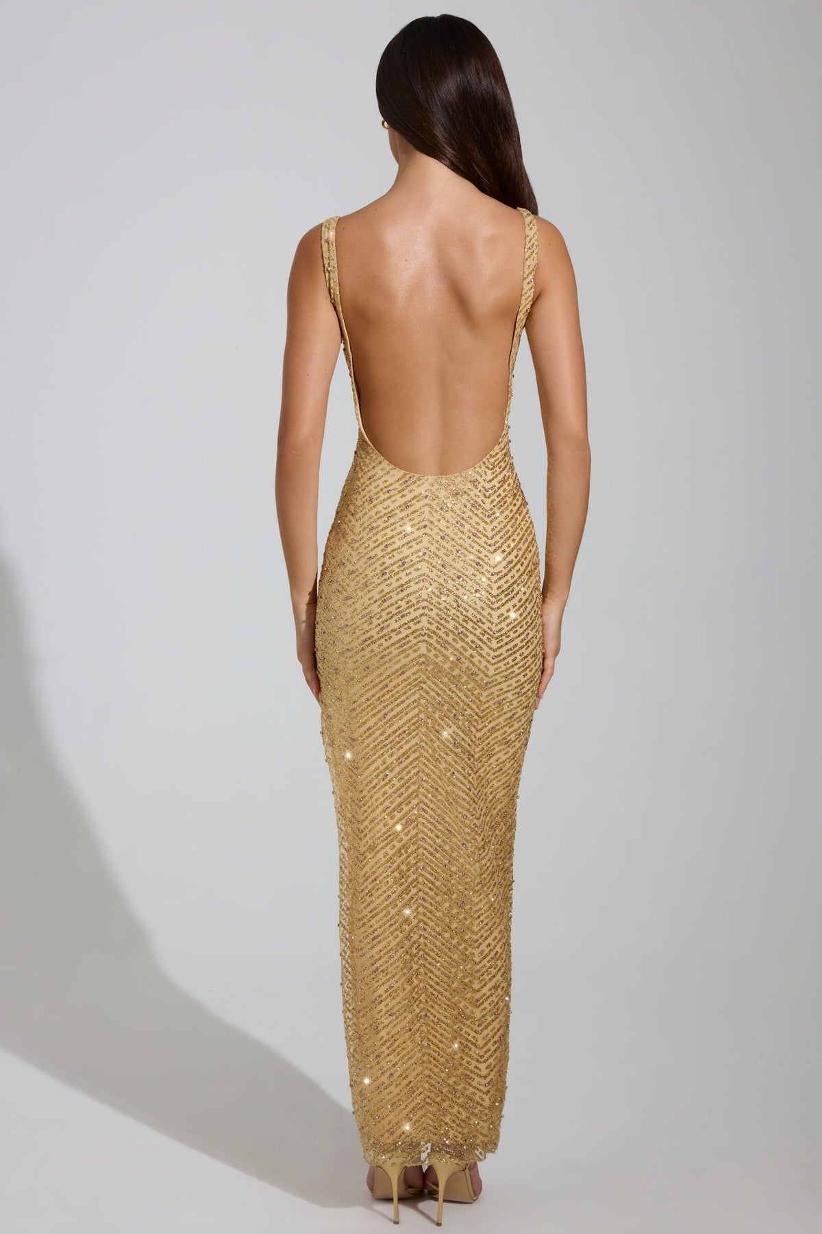Embellished Scoop-Neck Thigh-Split Maxi Dress in Gold – view 2