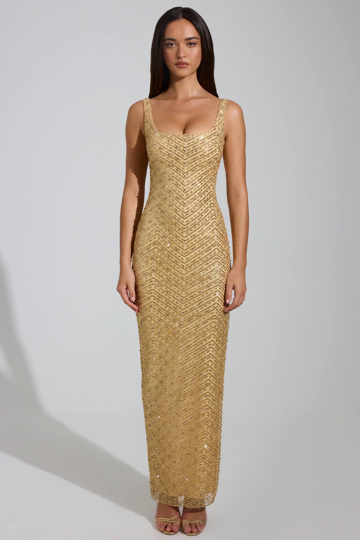 Embellished Scoop-Neck Thigh-Split Maxi Dress in Gold – view 6