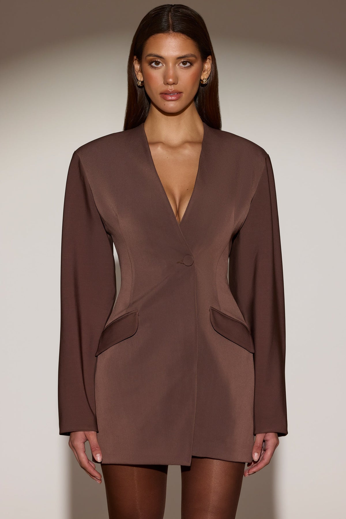 Single-Breasted Blazer Mini Dress in Chocolate Brown – view 4