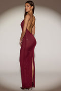 Sheer Embellished Backless Maxi Dress in Burgundy – view 1