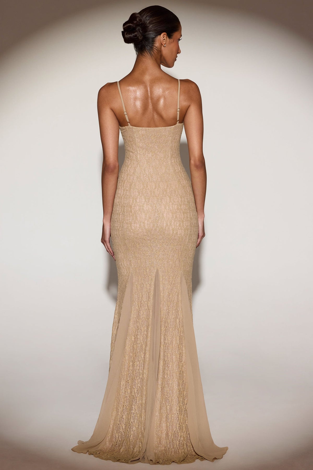 Metallic Lace Godet Fishtail Gown in Gold – view 3