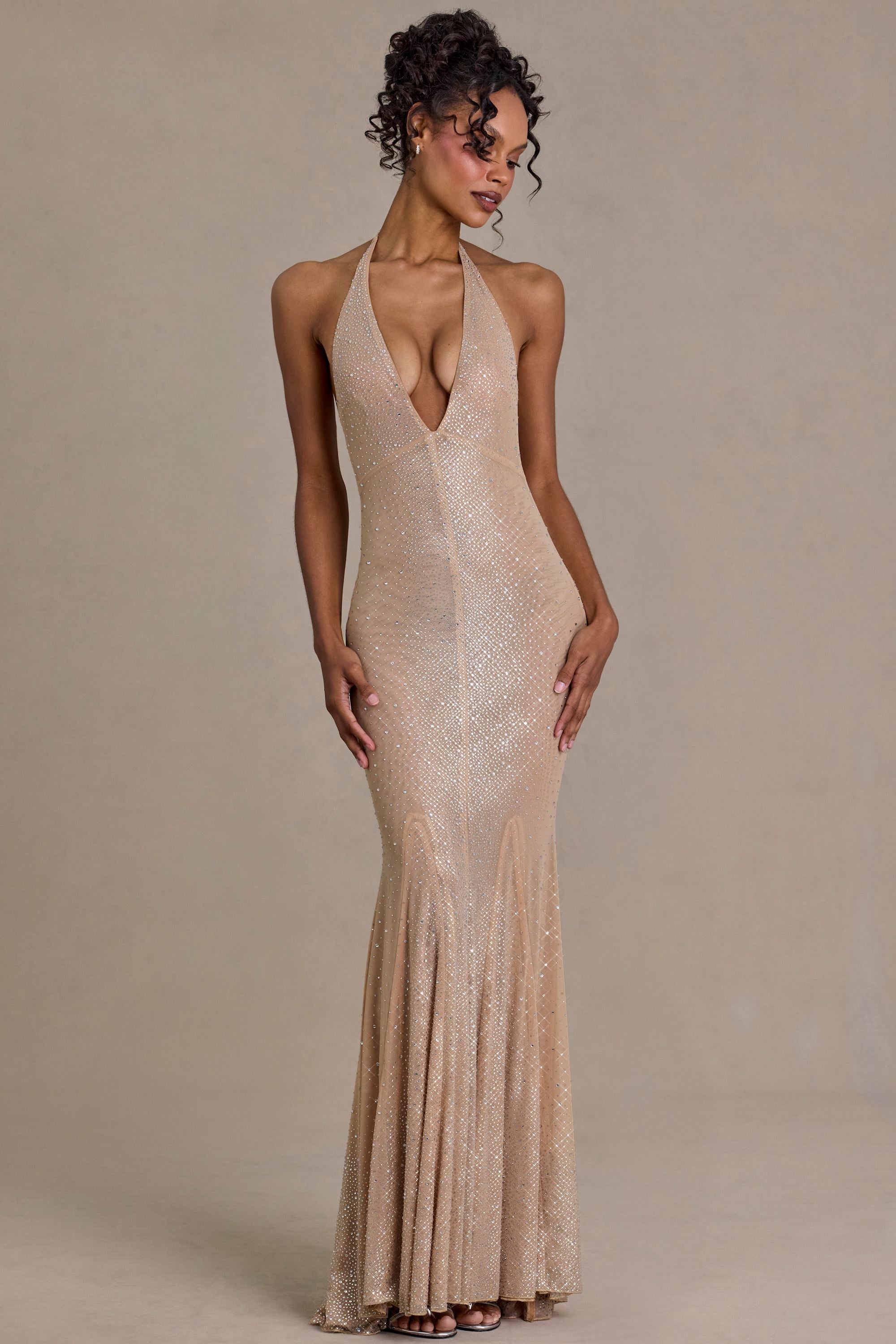 Premium Embellished Plunge-Neck Open-Back Gown in Beige Gold – view 5