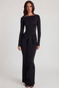 Soft Jersey Boat-Neck Tie-Gather Maxi Dress in Black – view 1