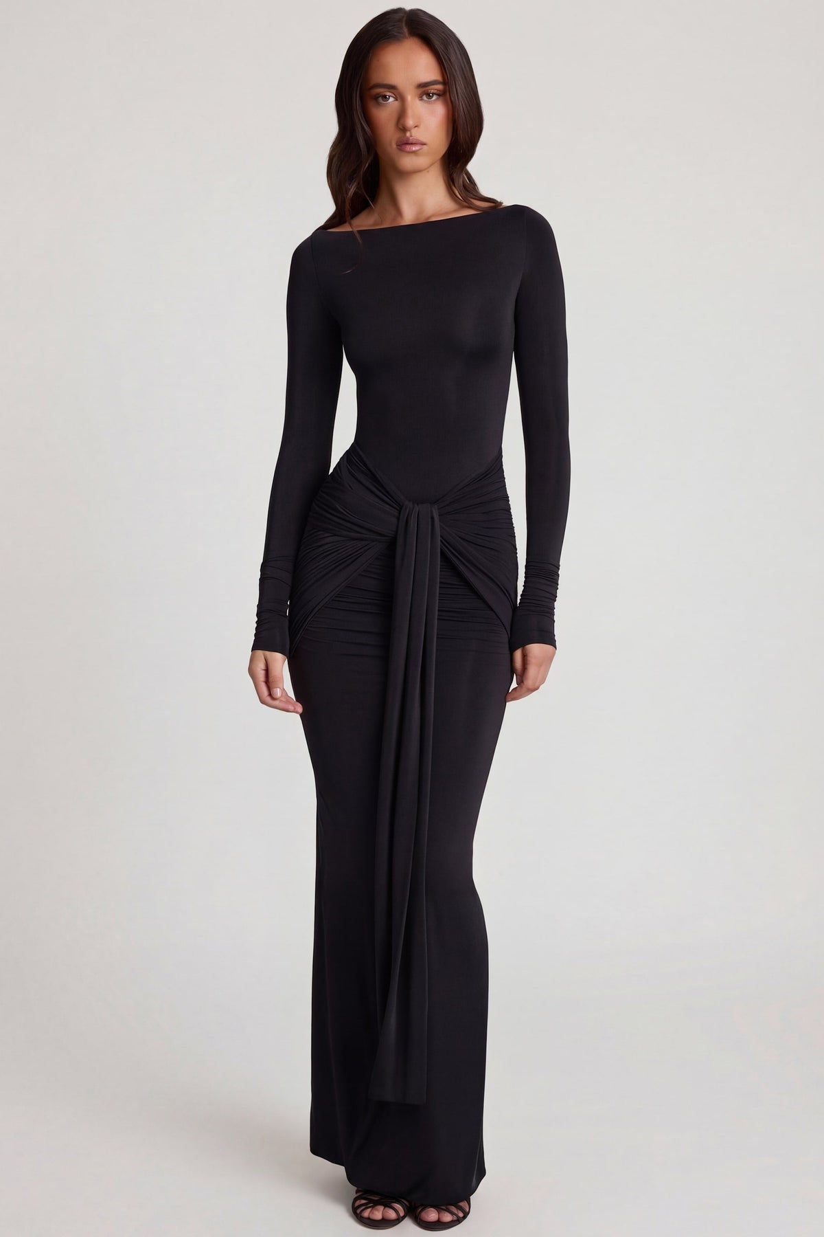 Soft Jersey Boat-Neck Tie-Gather Maxi Dress in Black – view 1