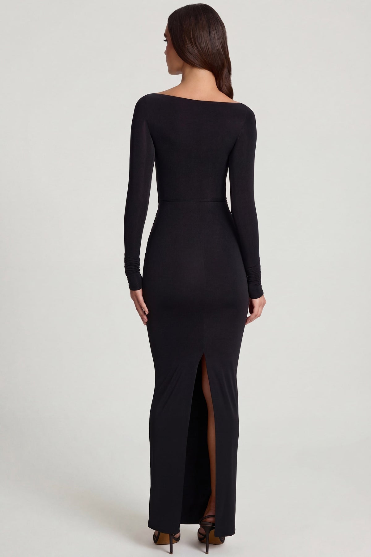 Soft Jersey Boat-Neck Tie-Gather Maxi Dress in Black – view 2