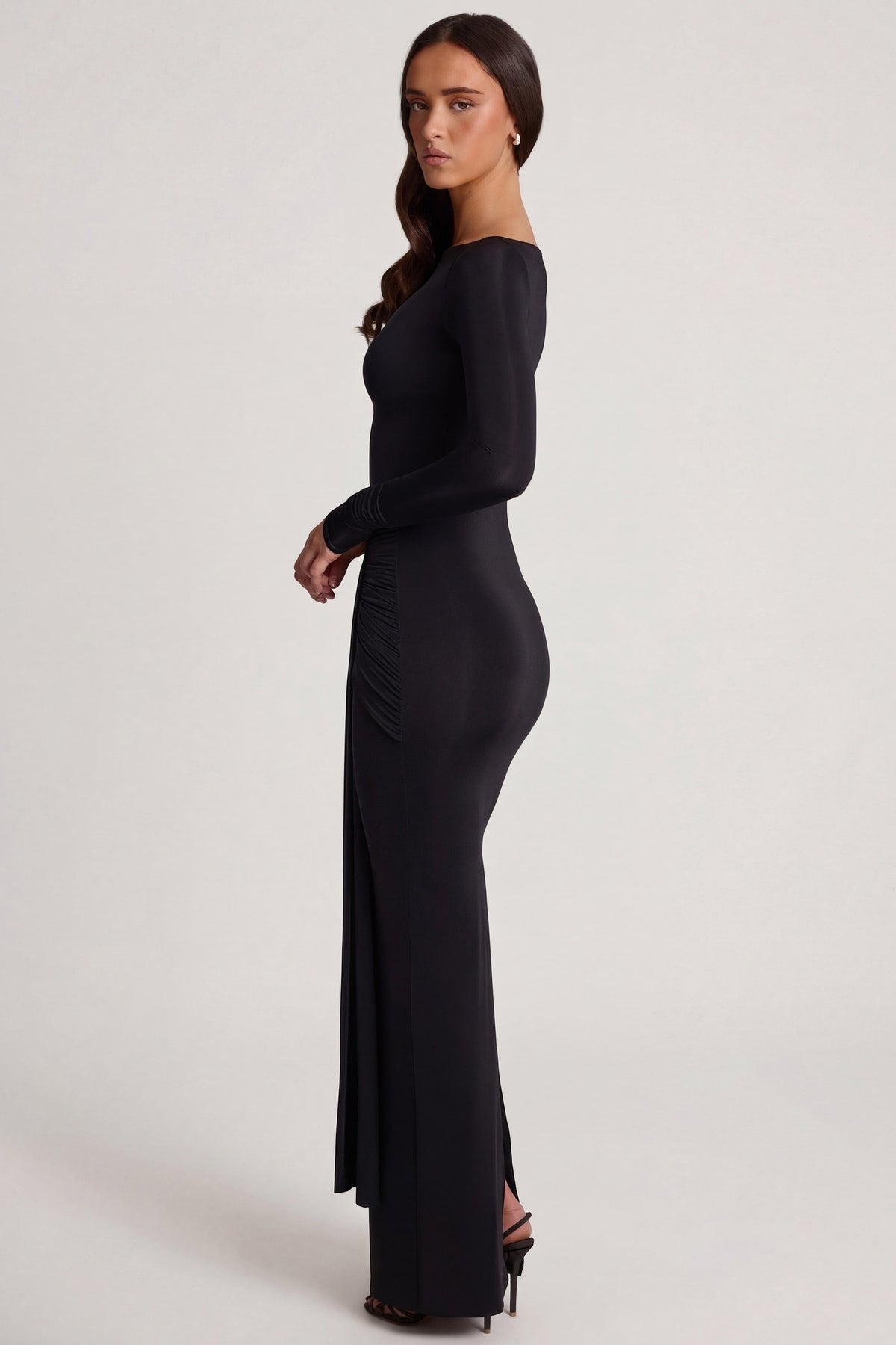 Soft Jersey Boat-Neck Tie-Gather Maxi Dress in Black – view 3