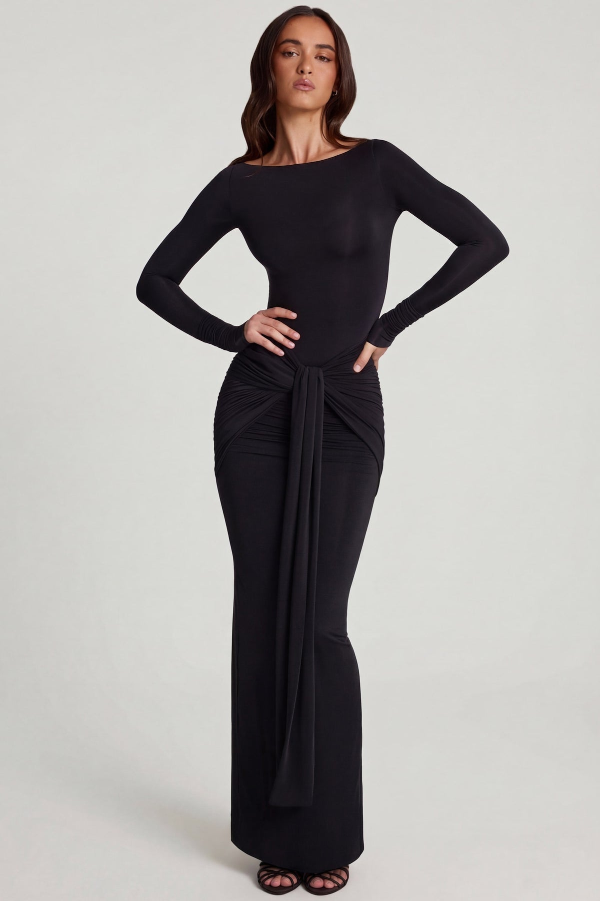 Soft Jersey Boat-Neck Tie-Gather Maxi Dress in Black – view 5