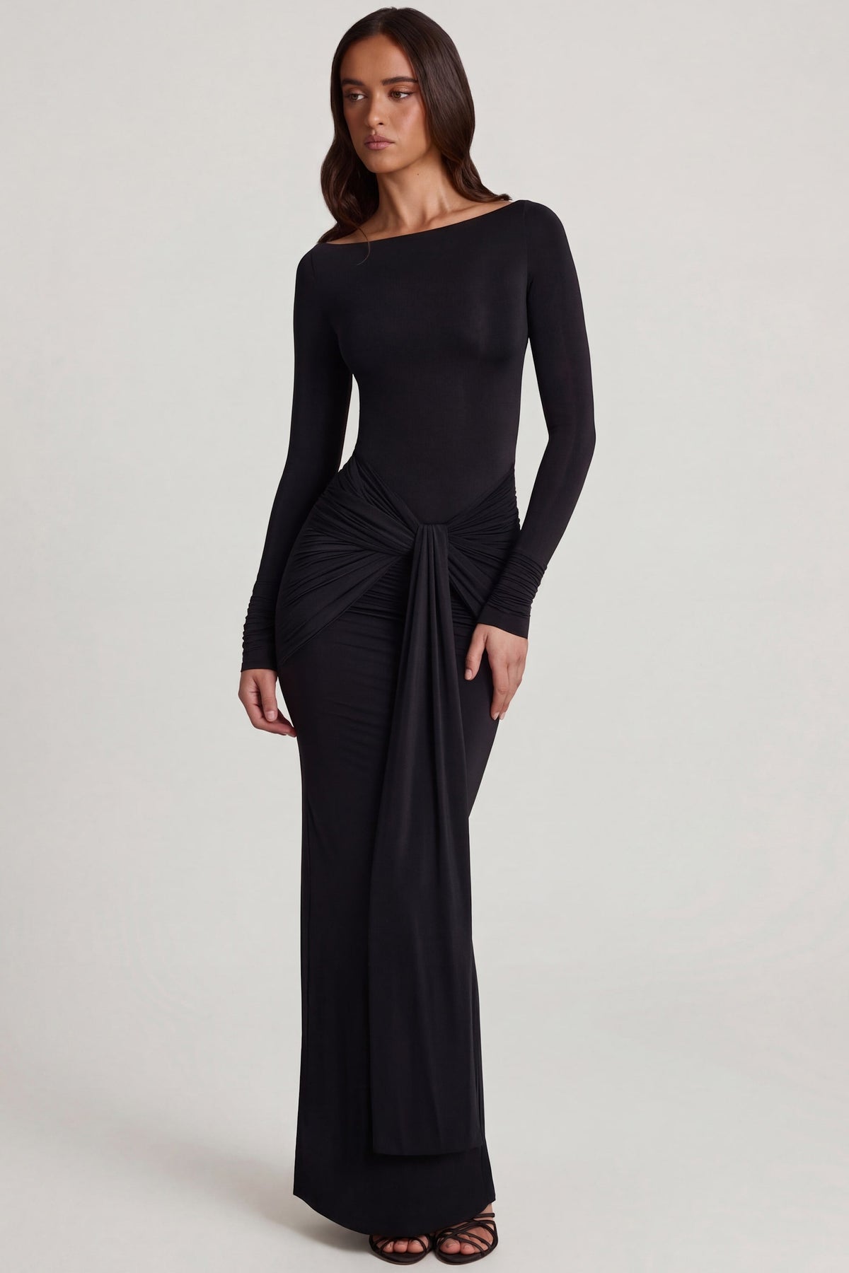 Soft Jersey Boat-Neck Tie-Gather Maxi Dress in Black – view 6