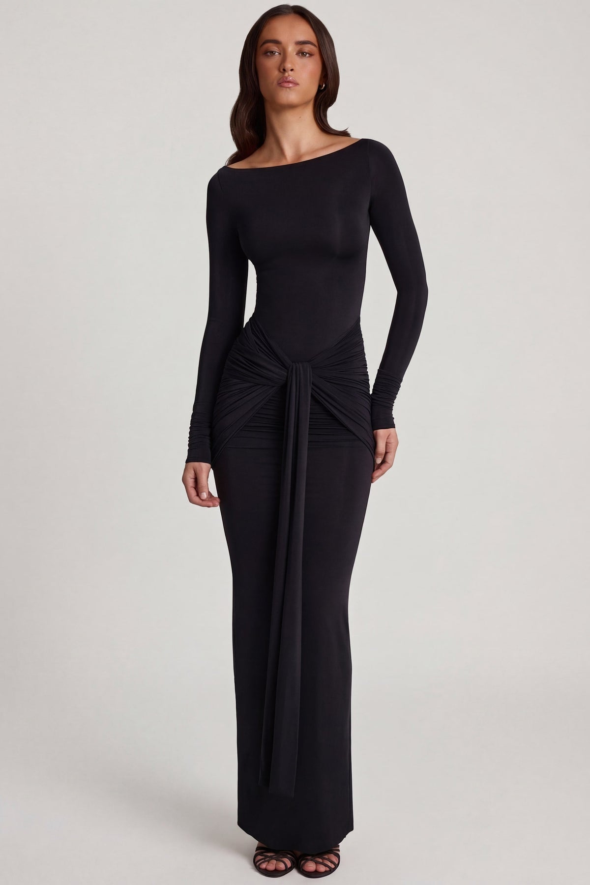 Soft Jersey Boat-Neck Tie-Gather Maxi Dress in Black – view 7