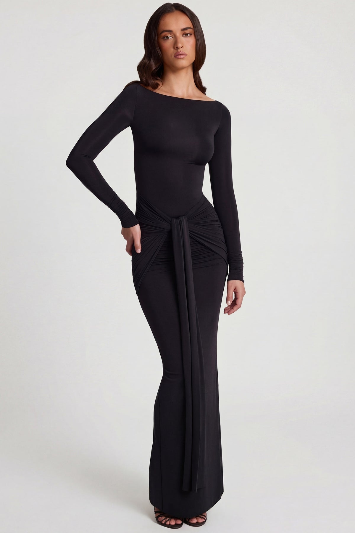 Soft Jersey Boat-Neck Tie-Gather Maxi Dress in Black – view 8