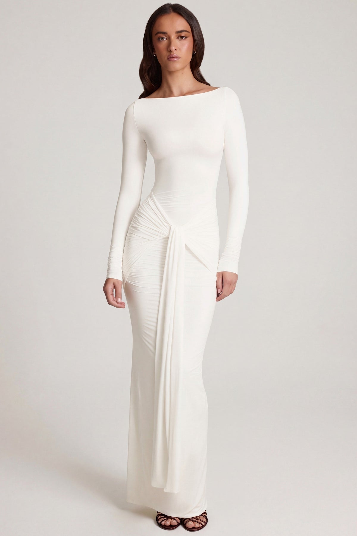 Soft Jersey Boat-Neck Tie-Gather Maxi Dress in White – view 6
