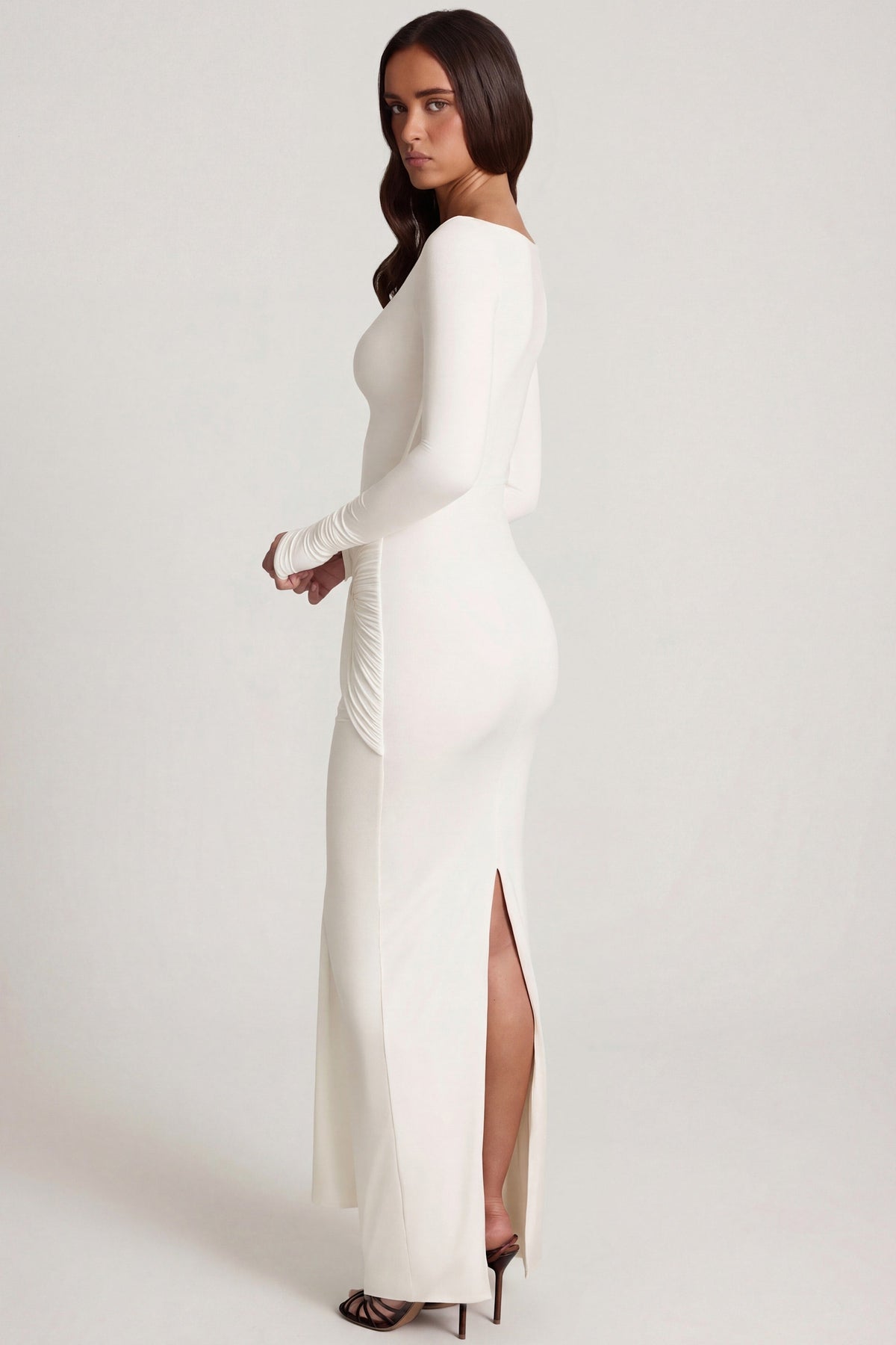 Soft Jersey Boat-Neck Tie-Gather Maxi Dress in White – view 3