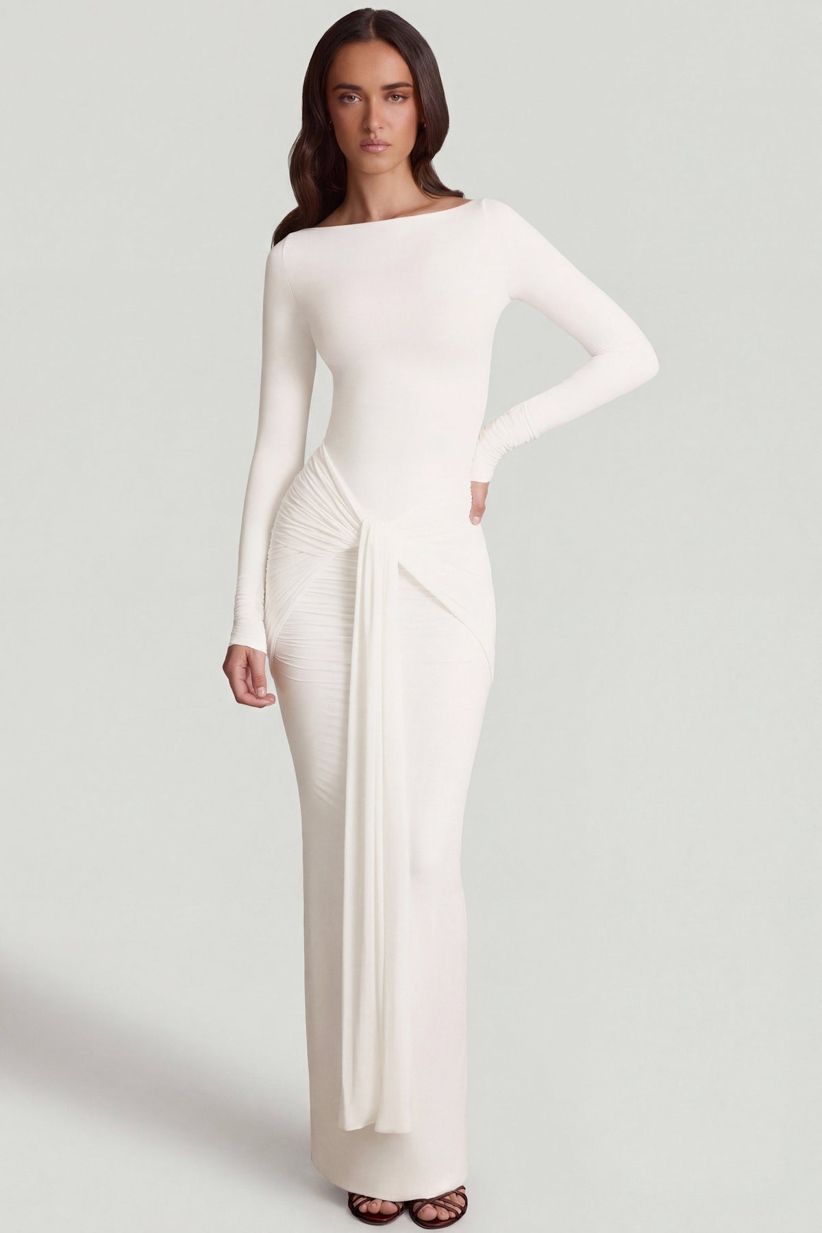 Soft Jersey Boat-Neck Tie-Gather Maxi Dress in White – view 1