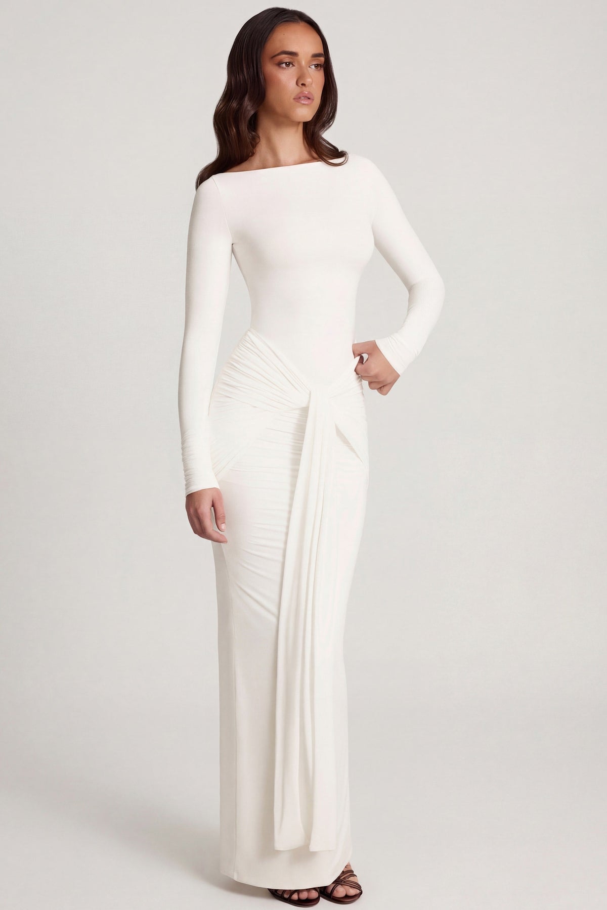Soft Jersey Boat-Neck Tie-Gather Maxi Dress in White – view 5