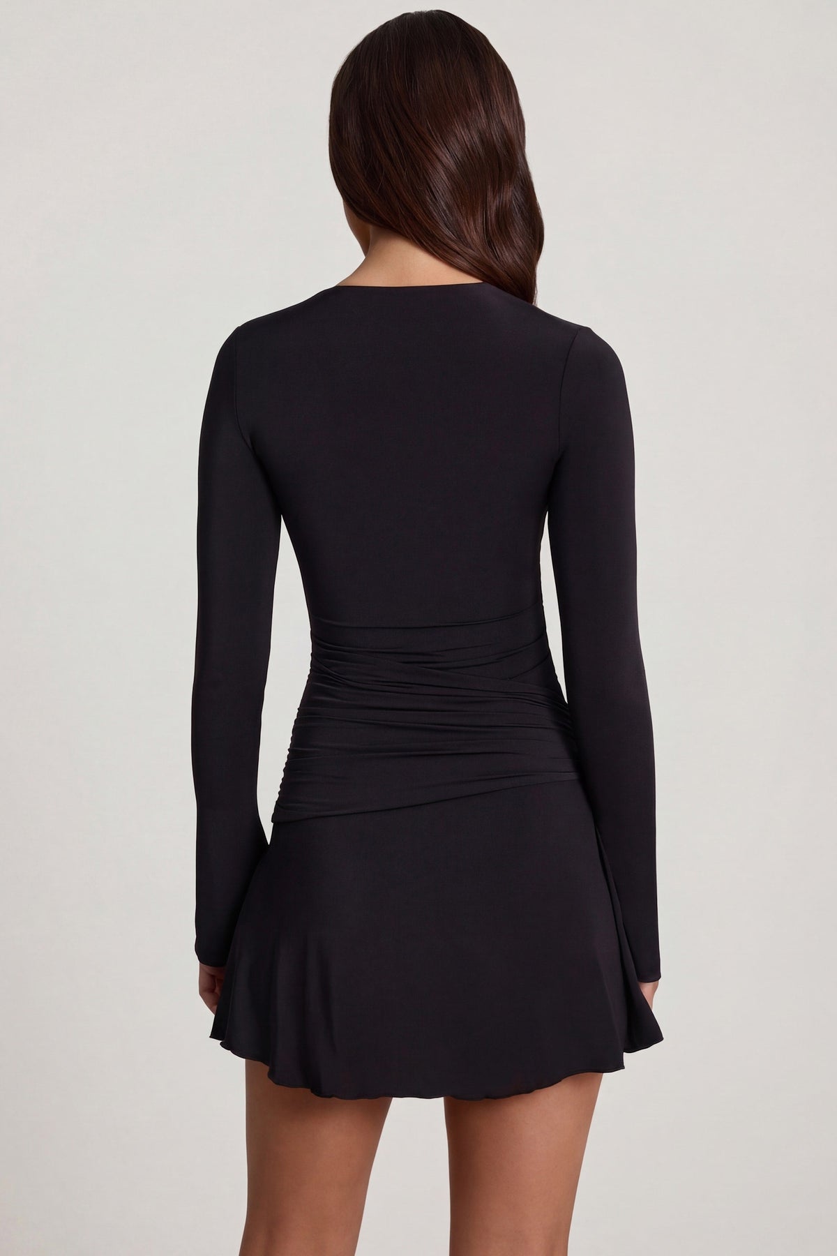 Soft Jersey Scoop-Neck Flared Mini Dress in Black – view 2