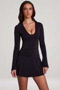 Soft Jersey Scoop-Neck Flared Mini Dress in Black – view 1