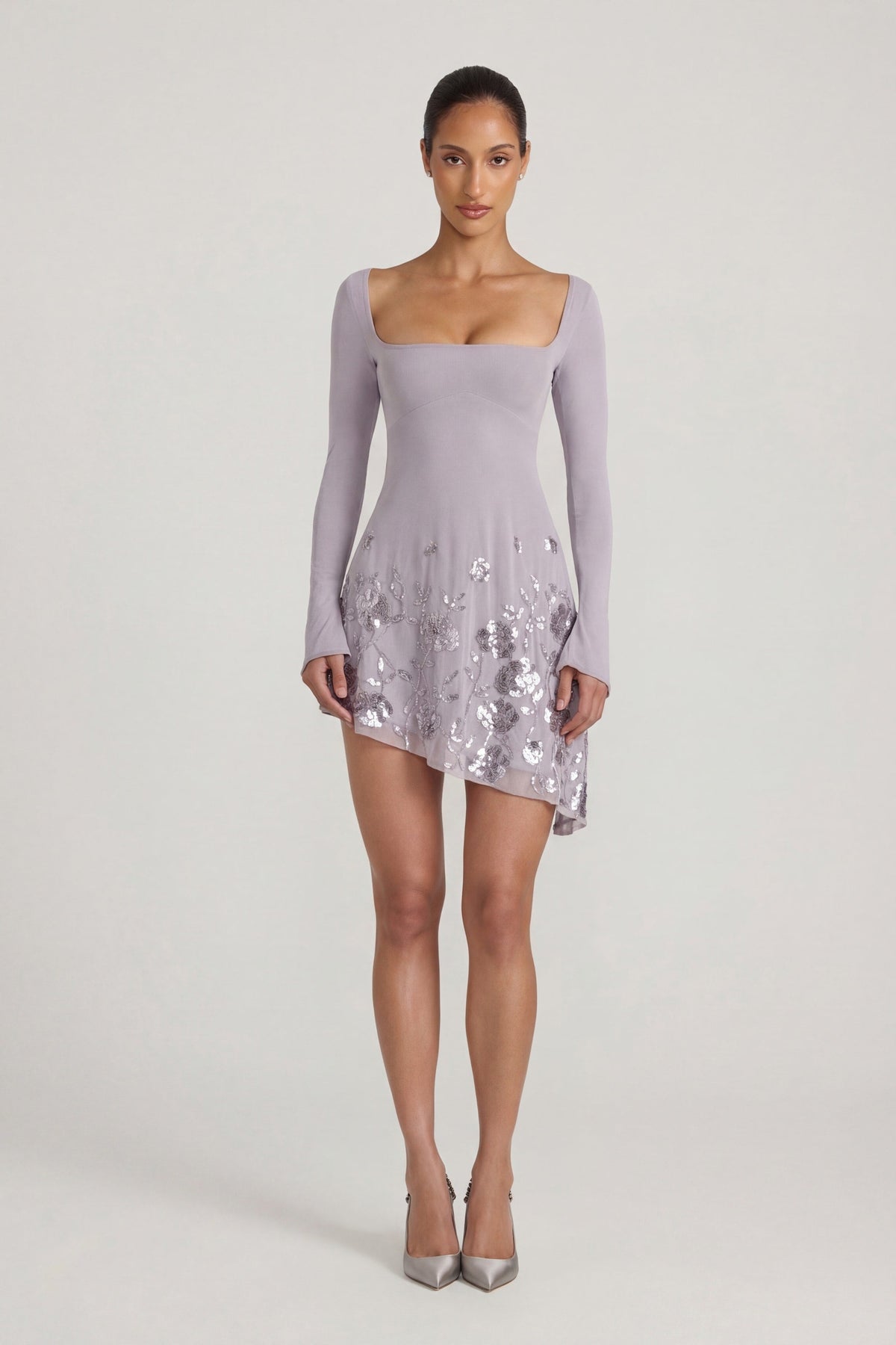 Embellished Appliqué Asymmetric Mini Dress in Lilac – view 5