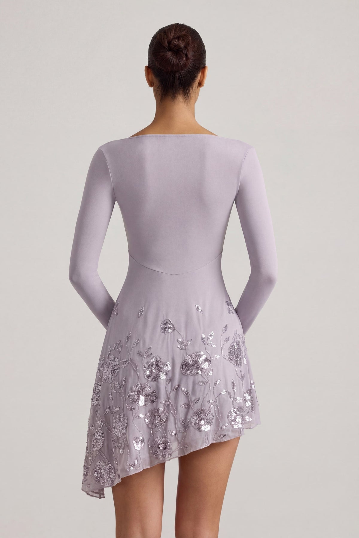 Embellished Appliqué Asymmetric Mini Dress in Lilac – view 2