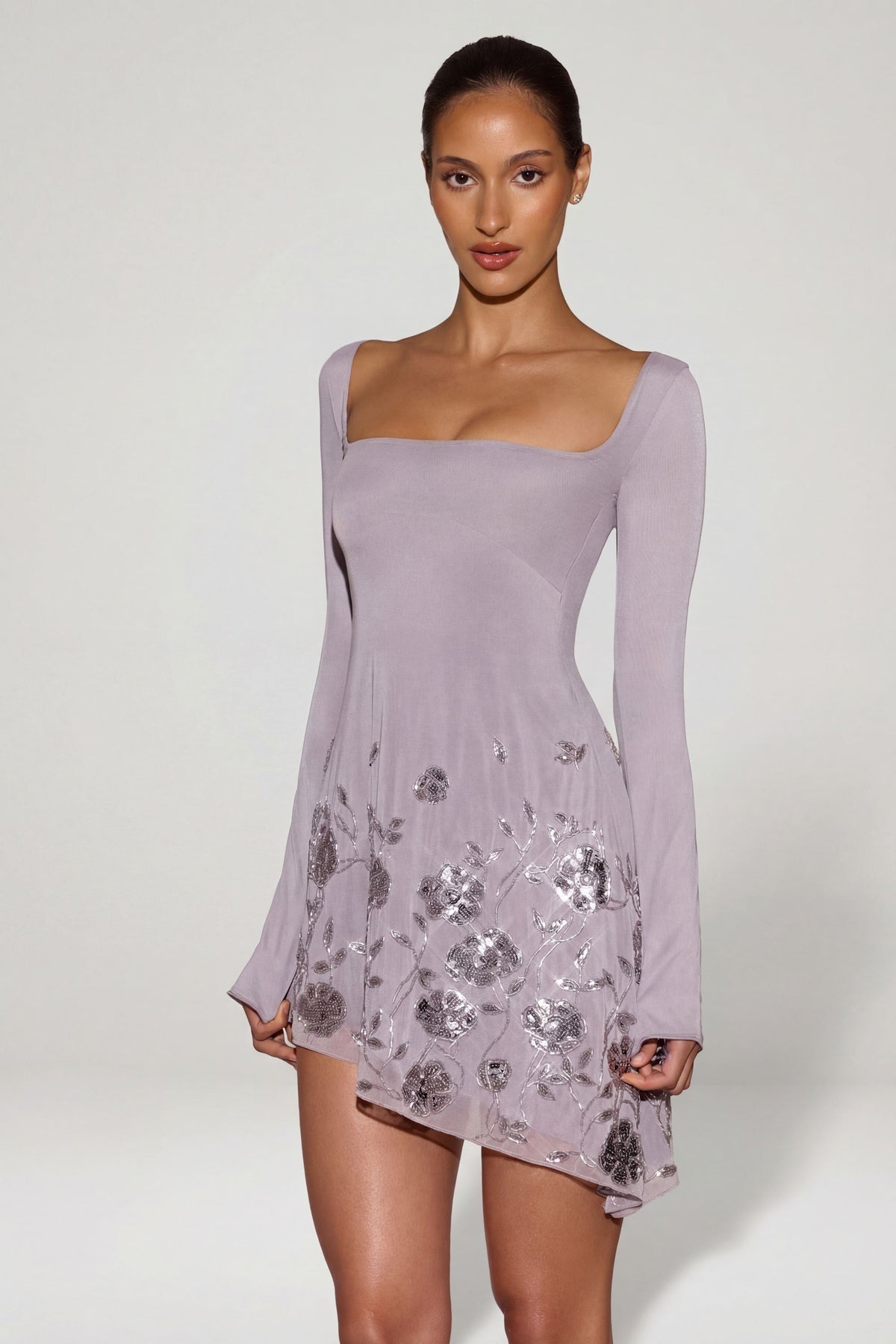 Embellished Appliqué Asymmetric Mini Dress in Lilac – view 7
