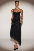 Embellished Soft-Scoop Asymmetric Midaxi Dress in Black – view 1
