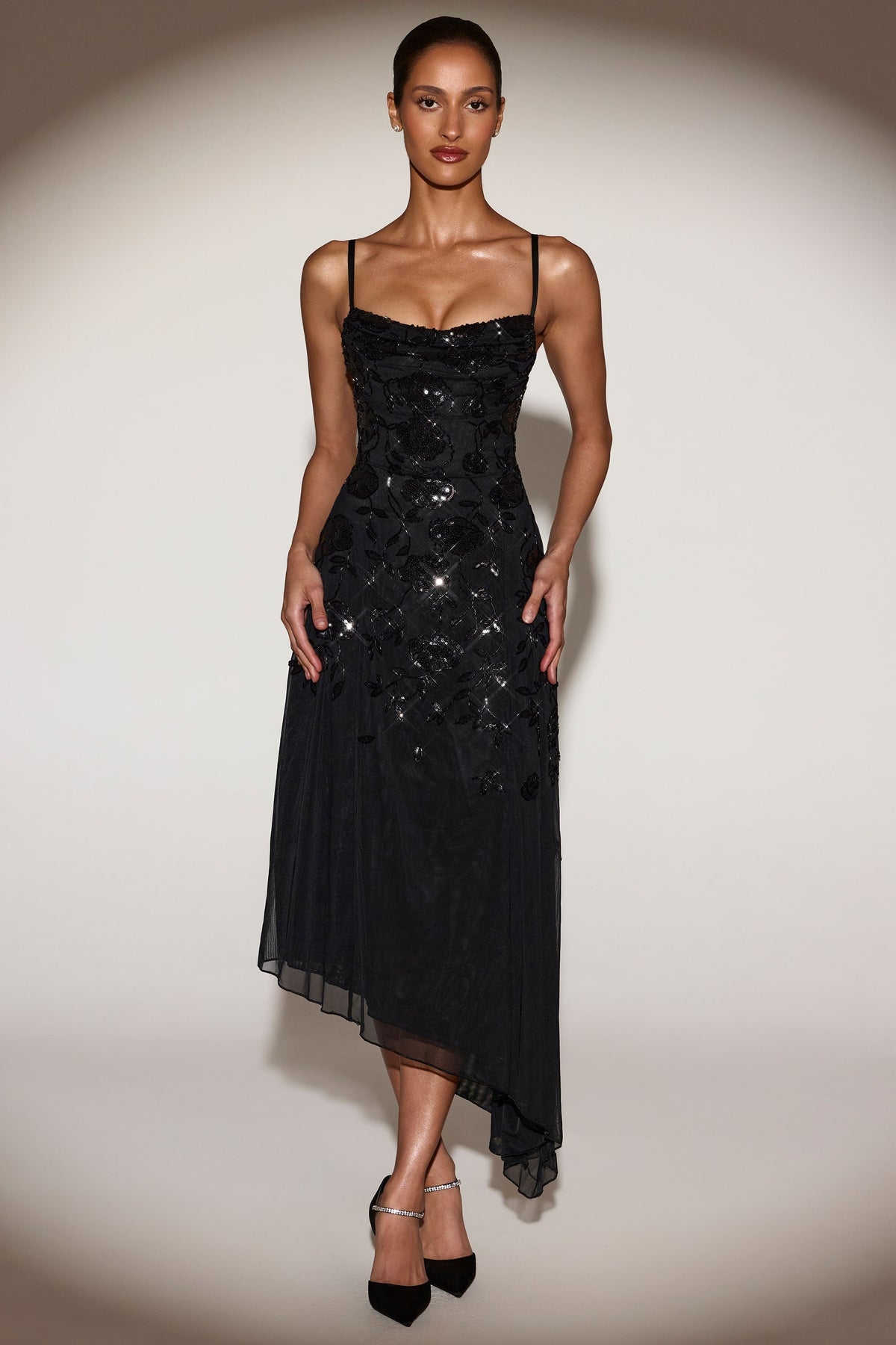 Embellished Soft-Scoop Asymmetric Midaxi Dress in Black – view 1