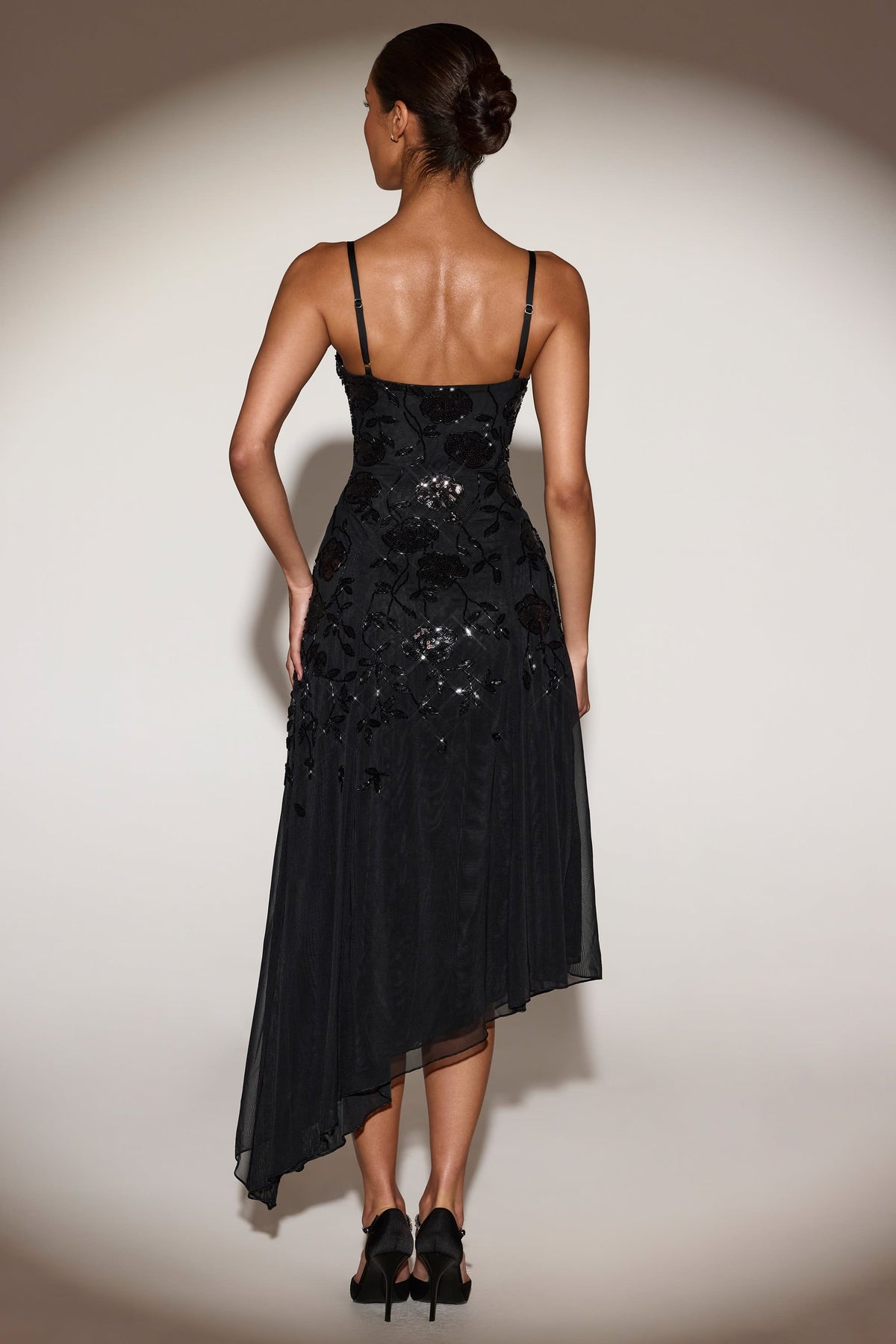 Embellished Soft-Scoop Asymmetric Midaxi Dress in Black – view 2